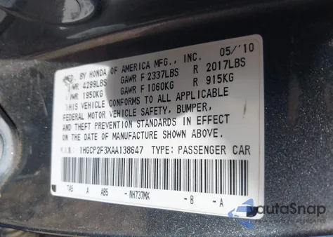 2010 Honda Accord 2.4 Lx z USA, uszkodzony, nr VIN 1HGCP2F3XAA138647